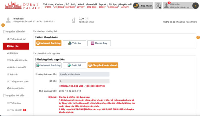 nạp tiền nhanh chóng và an toàn tại dubai palace 3 chọn phương thức internet banking
