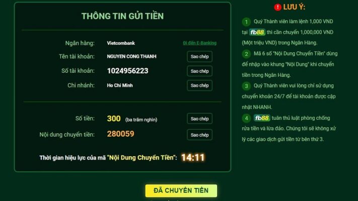 nạp tiền fb88: đảm bảo thành công 100% cho tài khoản 5 chuyển tiền vào ngân hàng nhà cái