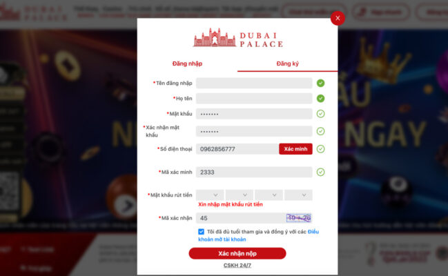 hướng dẫn đăng ký dubai palace dành cho người mới 3 nhập thông tin đăng ký dubai palace
