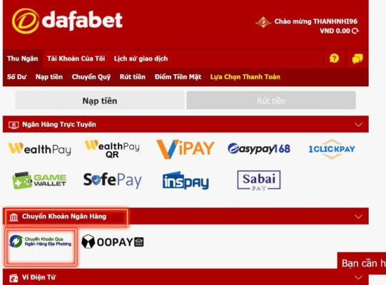 nạp tiền dafabet nhanh chóng và chính xác - hướng dẫn chi tiết 3 chọn chuyển khoản qua ngân hàng địa phương để nạp tiền dafabet